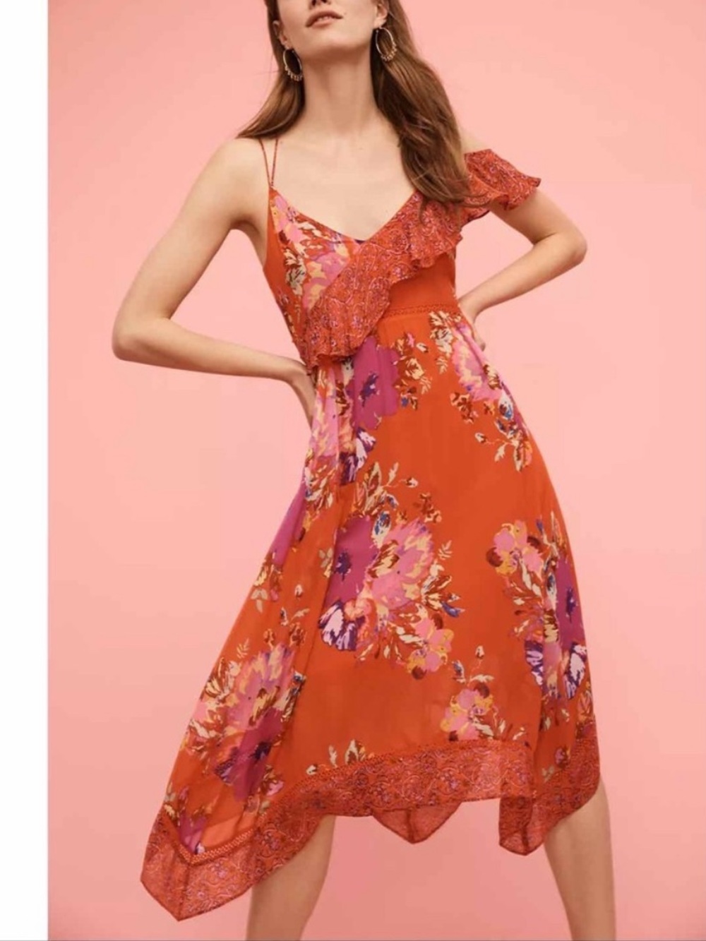 Anthropologie Maeve Grecia Orange Floral Ruffle Dress Women plus Size 14 wedding
